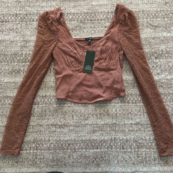 Wild Fable Size XXS brown Blouse lace arms NWT CROPPED - Picture 1 of 7